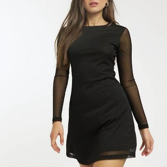 Long sleeve tulle mini dress w/ black dots - Picture 3 of 5